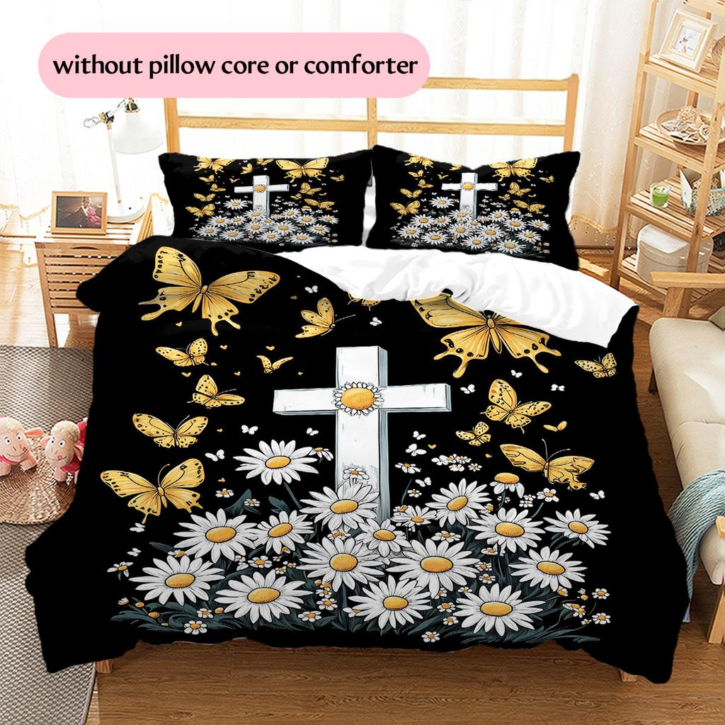 Daisy Butterfly  Pattern Bedding Quilt Set Quilt Cover Pillowcase Home Decoration  Gift (1 * Duvet Cover + 2 * Pillowcase, Without Core)