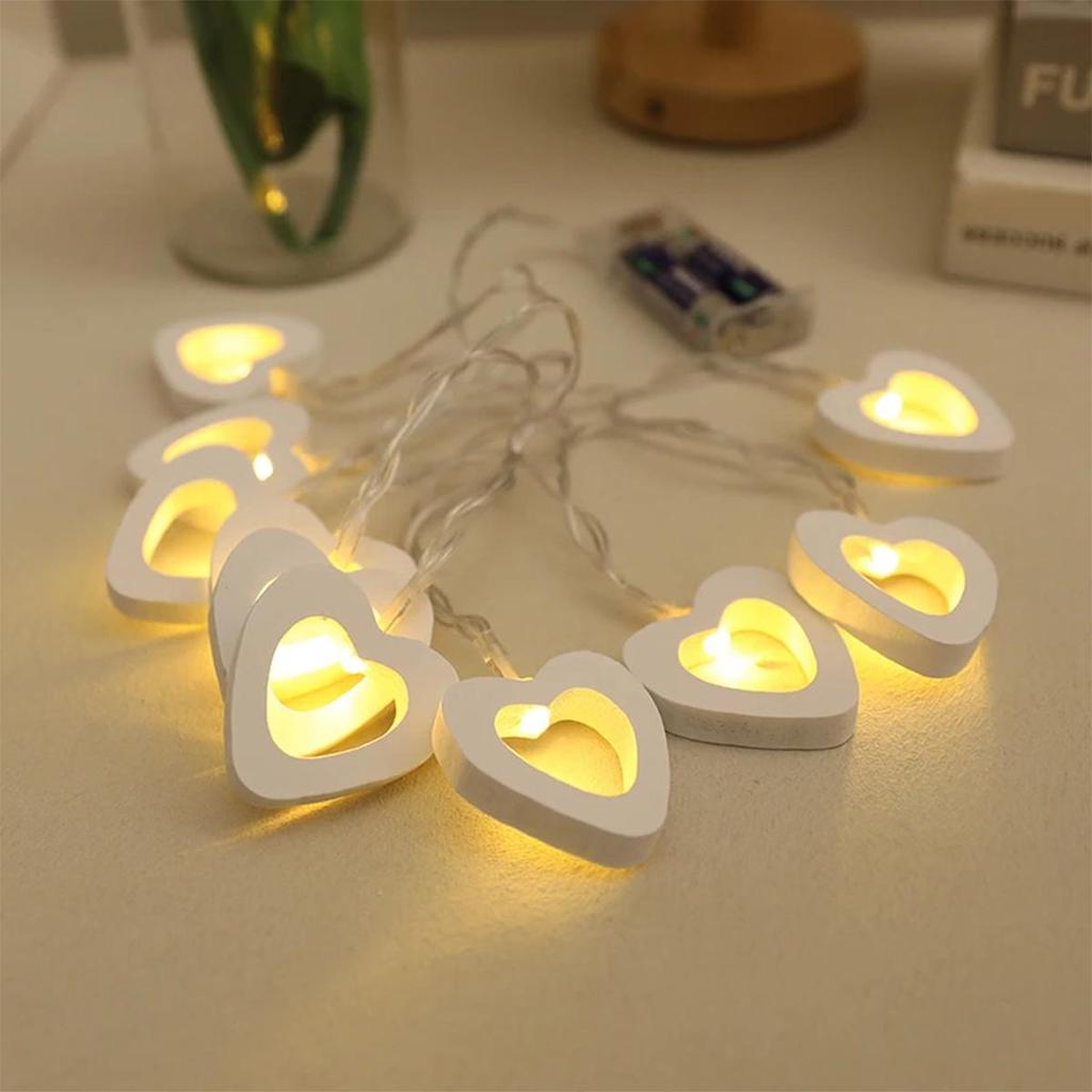 1.5m Wooden String Light Led Lights Battery Operated Fairy Birthday Decoration Decorative Heart Shape White Outdoor Party Indoor