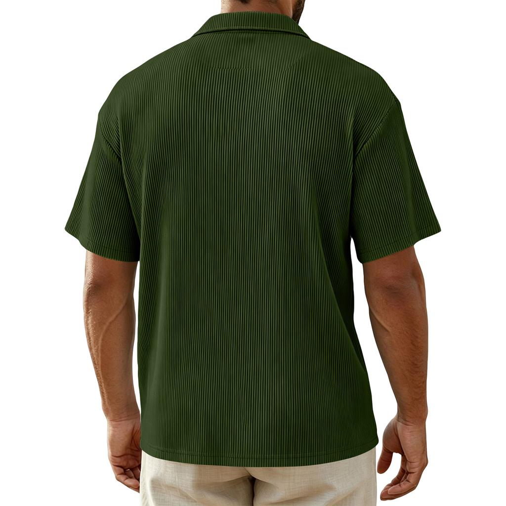 Men Corduroy Shirt Short Sleeve Button Down Casual Loose Fit Collar Pocket Striped Lightweight Summer Shirt