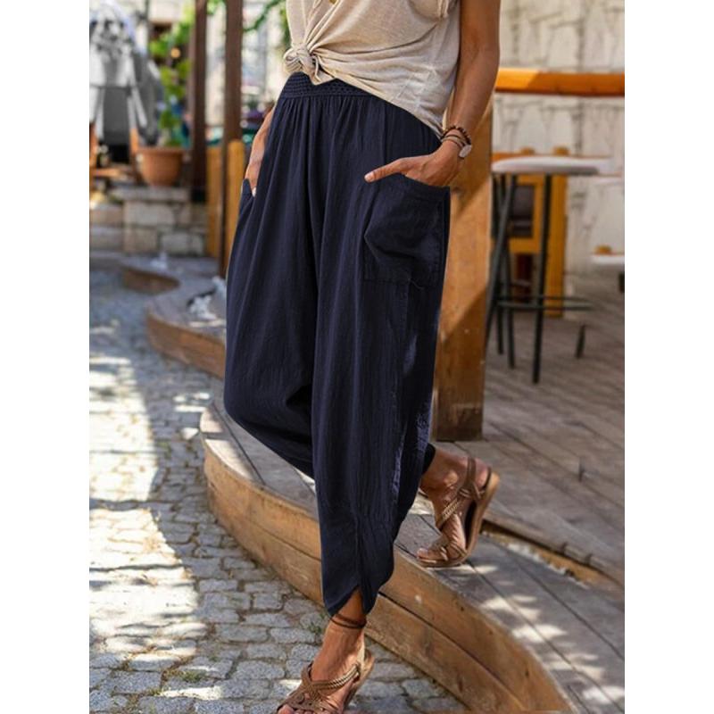 

New Women s Cotton Linen Wide Leg Pants, Loose Fit Casual Joggers with Side Pockets and Elastic Cuffs for Spring Summer Beach Wear 3XL темно-синього кольору