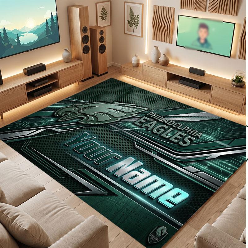 Philadelphia Eagles Personalisiertes Kristall-Samt-Teppich, Benutzerdefinierter Namens-Text Weicher Anti-Rutsch-Teppich für Wohnzimmer Schlafzimmer