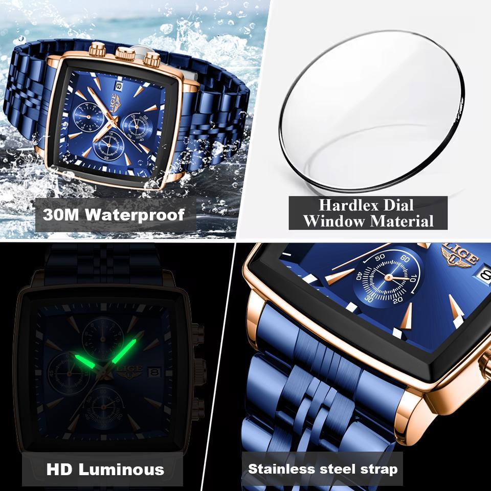 Waterproof Watch For Men Casual Sports Luminous Men's Quartz Wristwatches Stainless Steel Square Chronograph Reloj Hombre