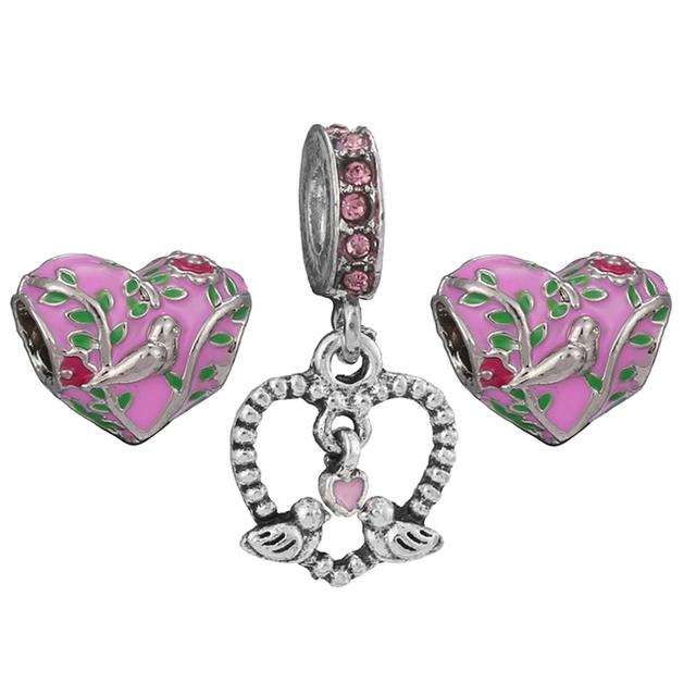 3pcs /Lot Pink Love Heart Beads Enamel Mom Pendant Fit Diy Brand Charm Bracelets Necklaces For Women Mother Jewelry Making