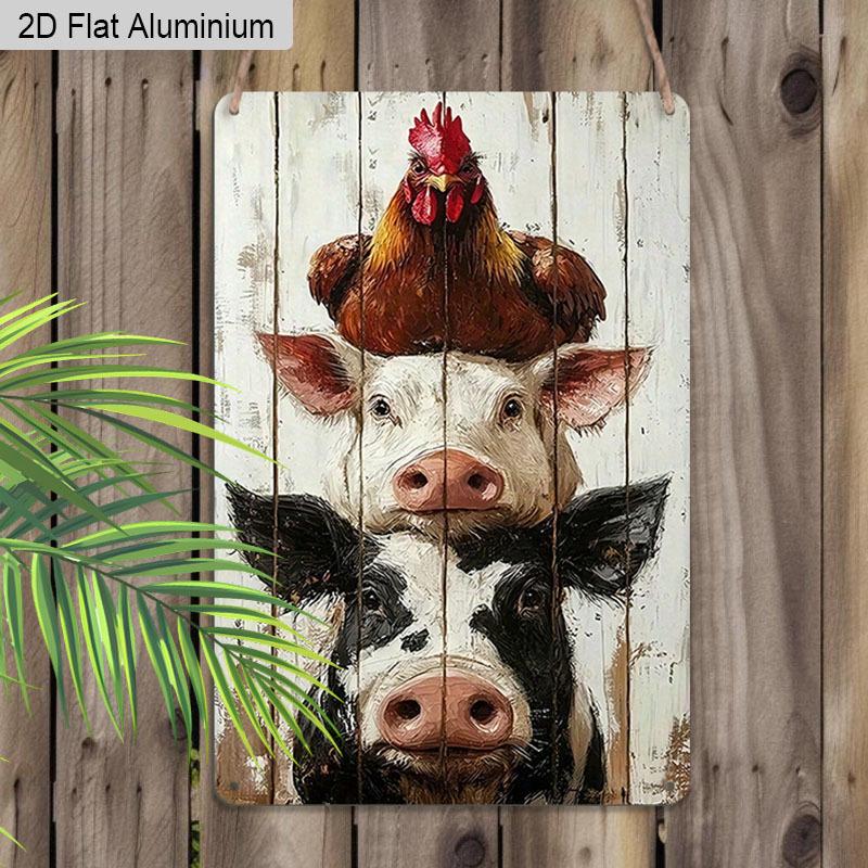 2D Flat 1pc Vintage Aluminum Sign Farm Animals Stacked Cow Pig Chicken Wall Decor Plaque for Home Kitchen Farmhouse Countryside Decor