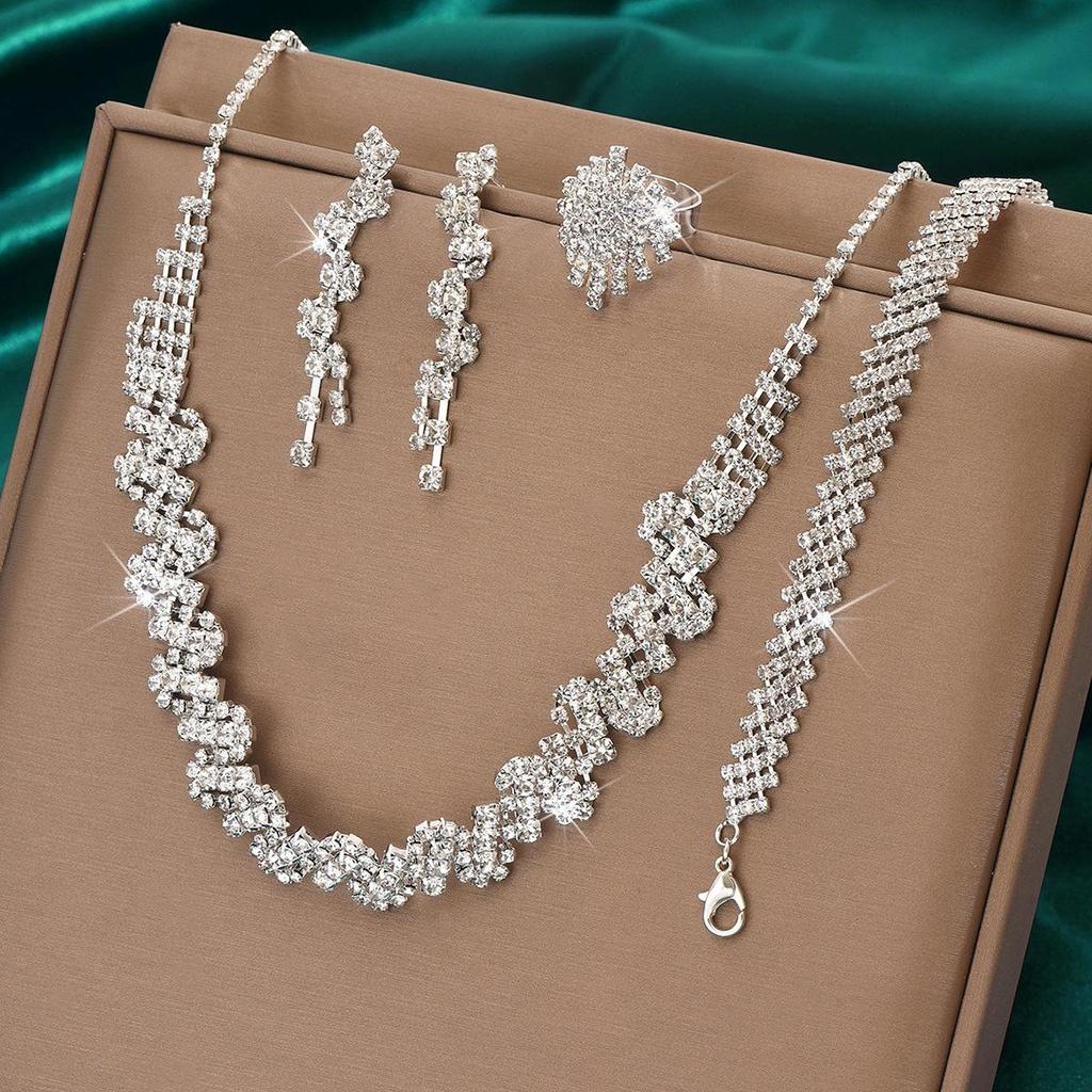 Shiny Diamond-Inlaid High-End Necklace Set: European & American Luxury, Lightweight Elegance, Four-Piece