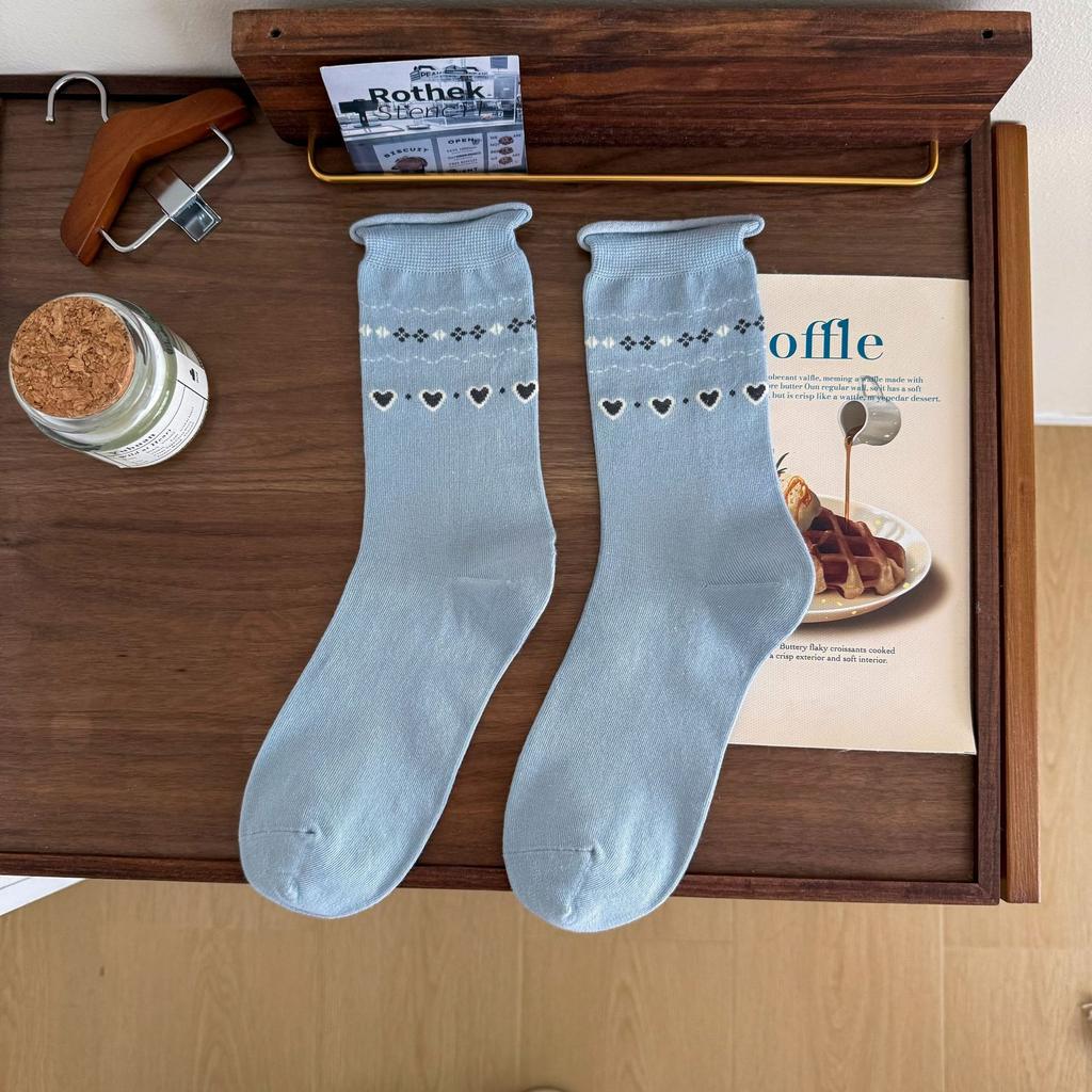 White Mid-Leg Socks, Style Bow Love Rolled Hemmed Cotton Socks, Korean Collegiate Style