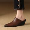 Fashion 2025 New Ladies Genuine Leather Metal Head Mules Fashion Med Chunky Heels Summer Wedges Slippers Women Casual Office Shoes Woman