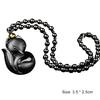 Obsidian Carving Fox Amulet Pendant Bead Chain Necklace Unisex Jewelry Gift