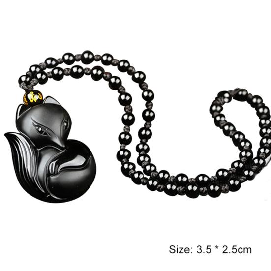 Obsidian Carving Fox Amulet Pendant Bead Chain Necklace Unisex Jewelry Gift
