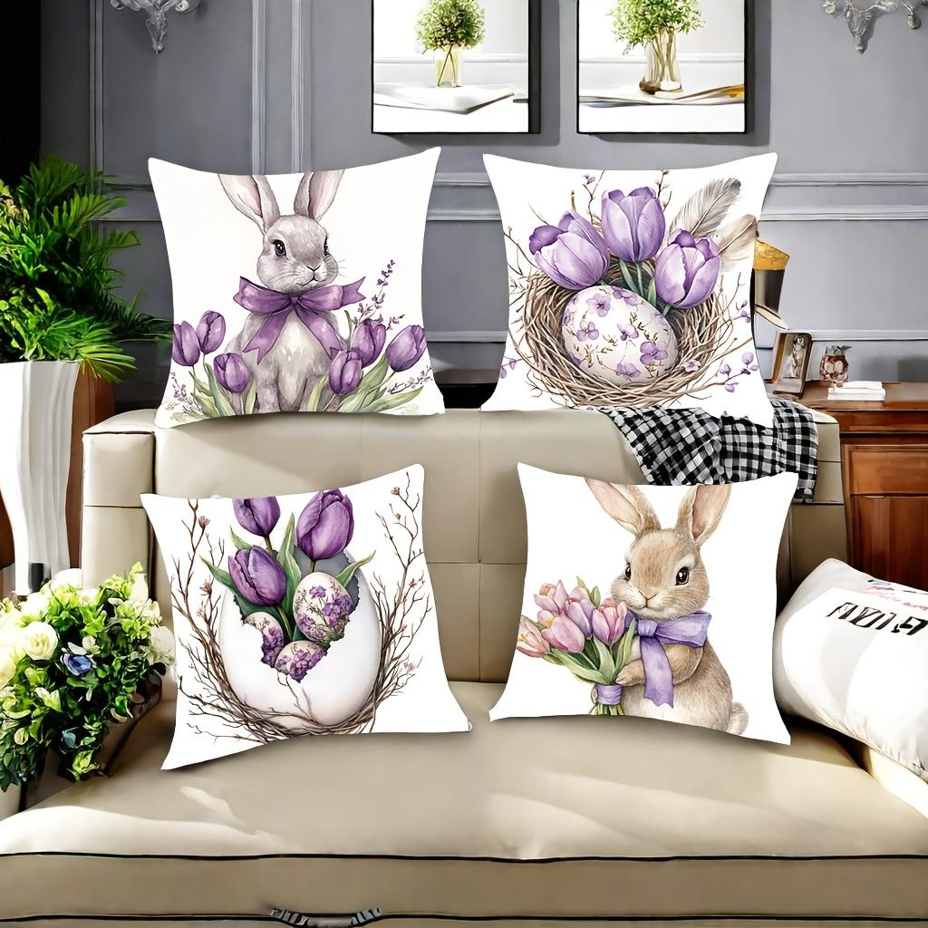 Easter Purple Tulip Bunny Egg Pillow Covers Set Of 4 Watercolor Spring Decor Soft Cozy For Sofa Bed Living Room Easter Gifts