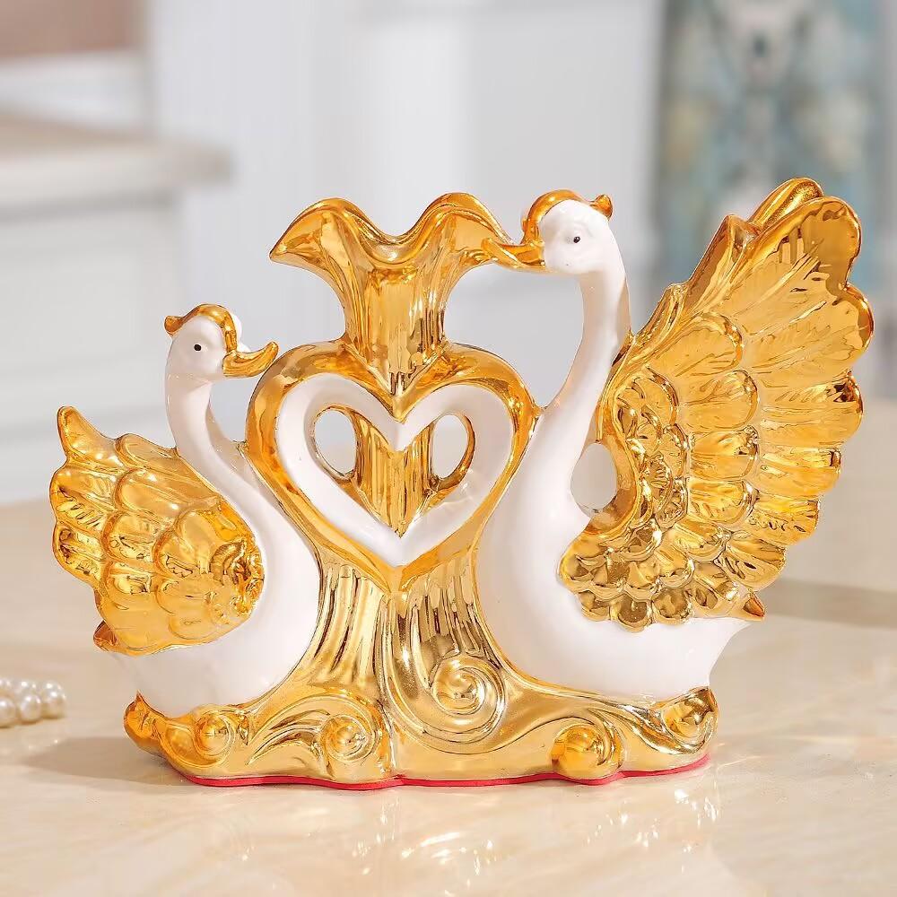 Gold-plated Swan Wedding Gift Ceramic Vase Ornaments Home Furnishing Decoration Crafts Livingroom Creative TV Table Figurines