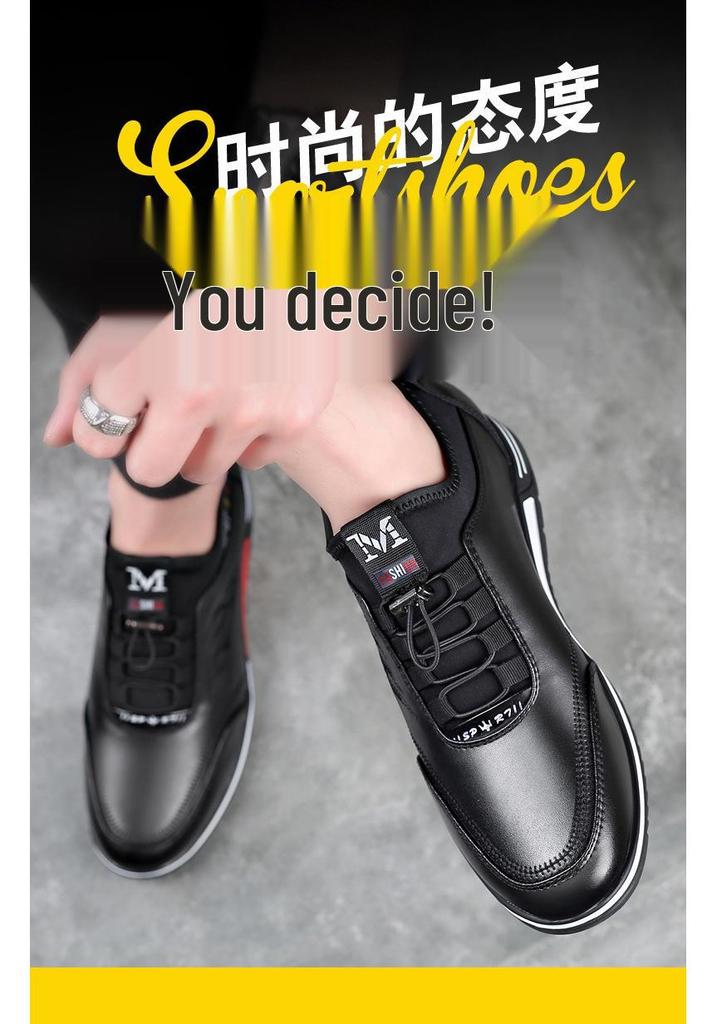 Men's British Style Leather High-Top Sneakers with Hidden Height Boost