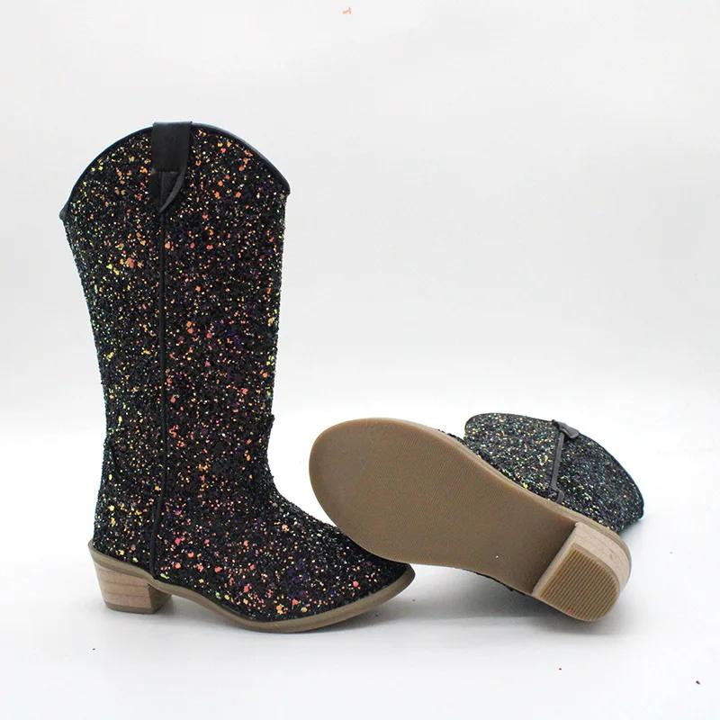 Girls Knee High Riding Boots Solid Color Glitter Leather Boot Autumn Winter Sexy Zipper Low Heel Pumps Sequin Comfortable Shoes