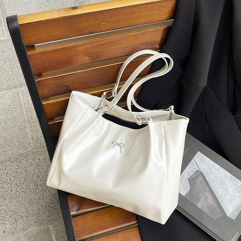 Color Simple Solid Bow Decoration Large Capacity Women Casual Tote Bag For Daily