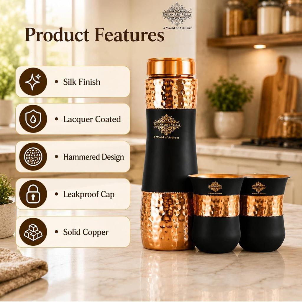 Copper Drinkware Black Silk Finish, Set of 2 Glass and 1 Bottle, Volume - Glass 300 ML, Bottle 1000 ML