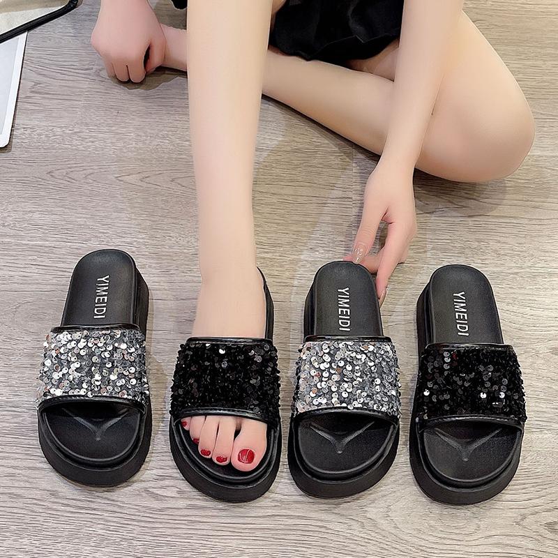 Women's sequined open toe large size thick-soled slippers  summer new outdoor beach fashion casual women's shoes