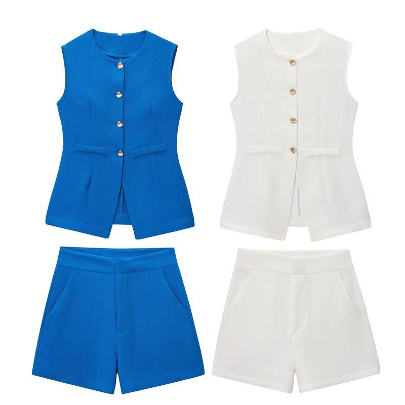 Kaslead New Arrival Women's Fashion Style Fashion Silm Button Decoration Sleeveless Vest Casual Shorts