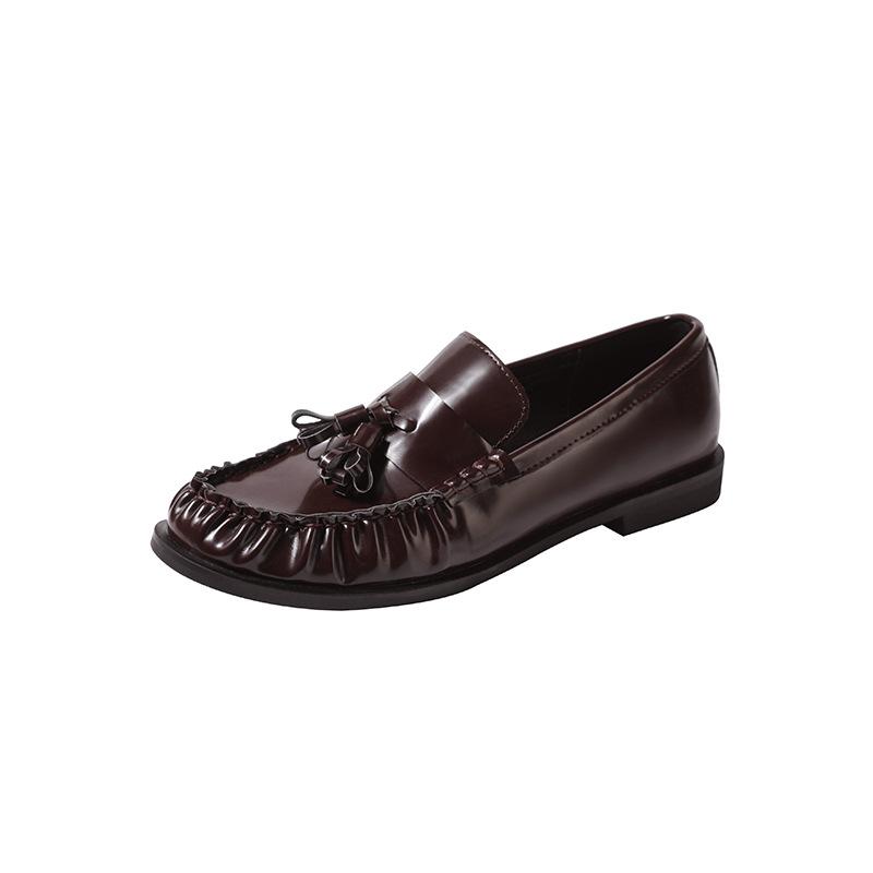 Loafers Women's British Style New Patent Leather Tassel Braided Round-toe Single Shoes with One Foot Genuine Leather Shoes