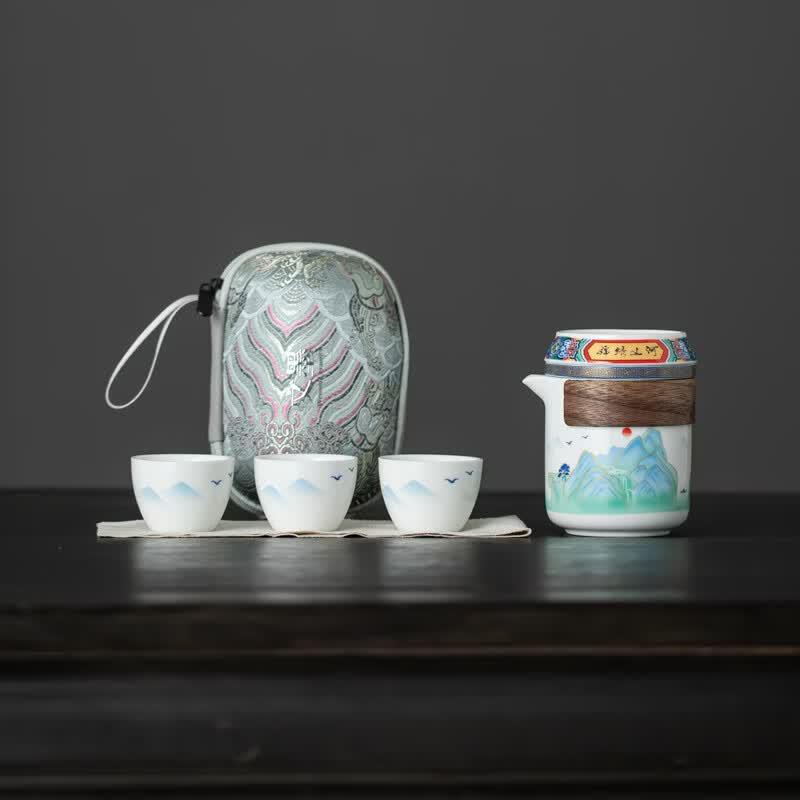 Brocade Landscape Portable Tea Set with Embroidered Bag