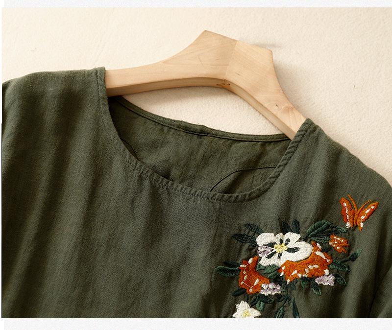 Women's Ethnic Embroidered Cotton-Linen Short Sleeve Loose Top