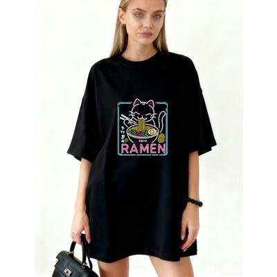 Übergroßes T-Shirt Schwarze Katze isst Ramen Mit Neon-Design Für Freizeitkleidung