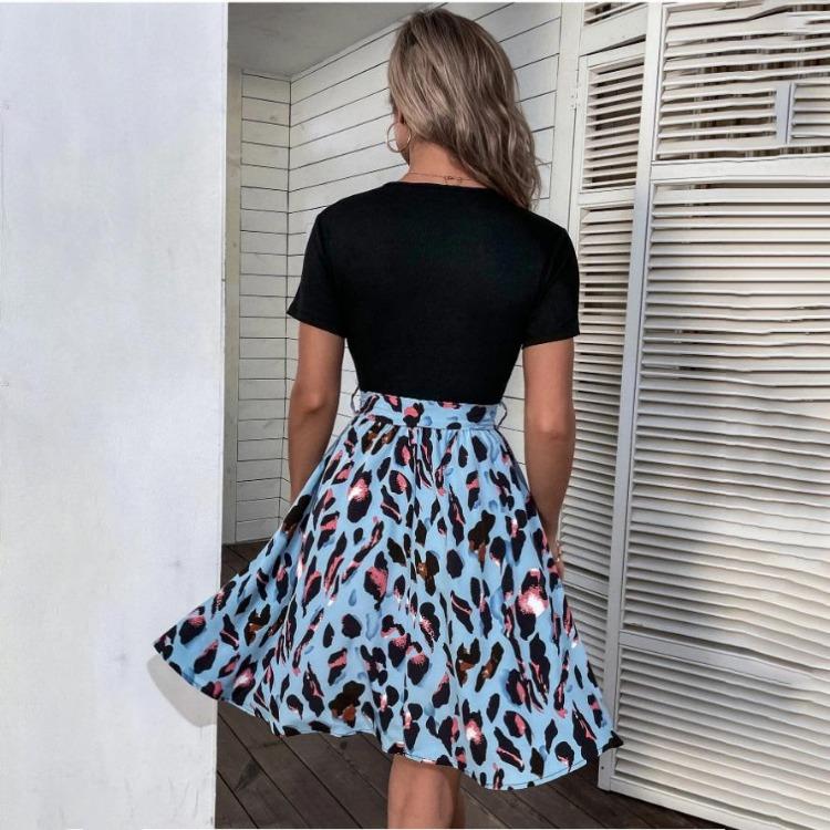 Leopard Print Women Dress with Bow Strap Summer Patchwork