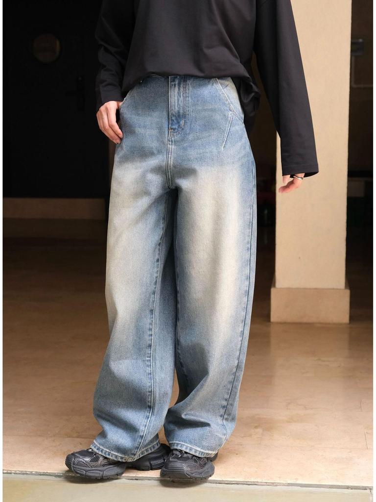 Louvre Retro Waxed Wide-Leg Jeans for Women - Autumn/Winter Fashionable Korean Style