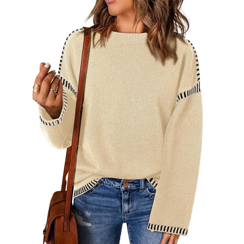 Autumn and Winter Solid Color Round Neck Loose Long Sleeved Contrasting Knitted Pullover Women's Sweaters
