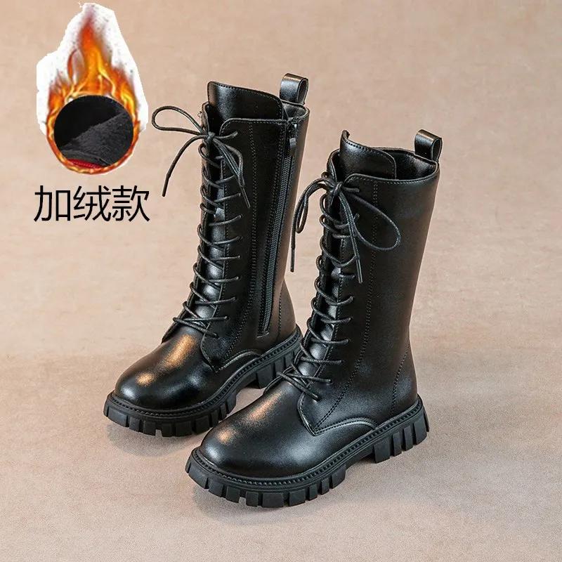 

Girls Boots Autumn Winter British Style Lace Up Long Boots Solid Color Princess Leather Boots Plus Velvet Kids Knight Boot 27