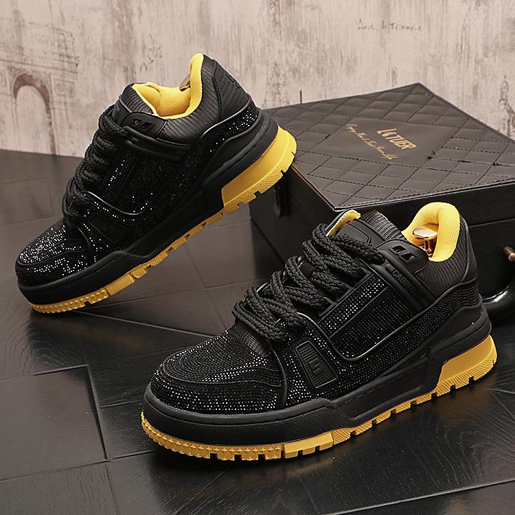 

Роскошные кроссовки со стразами, мужские повседневные туфли на платформе, с круглым носком, со шнуровкой, мужские однотонные дизайнерские кроссовки со стразами 38 чёрный