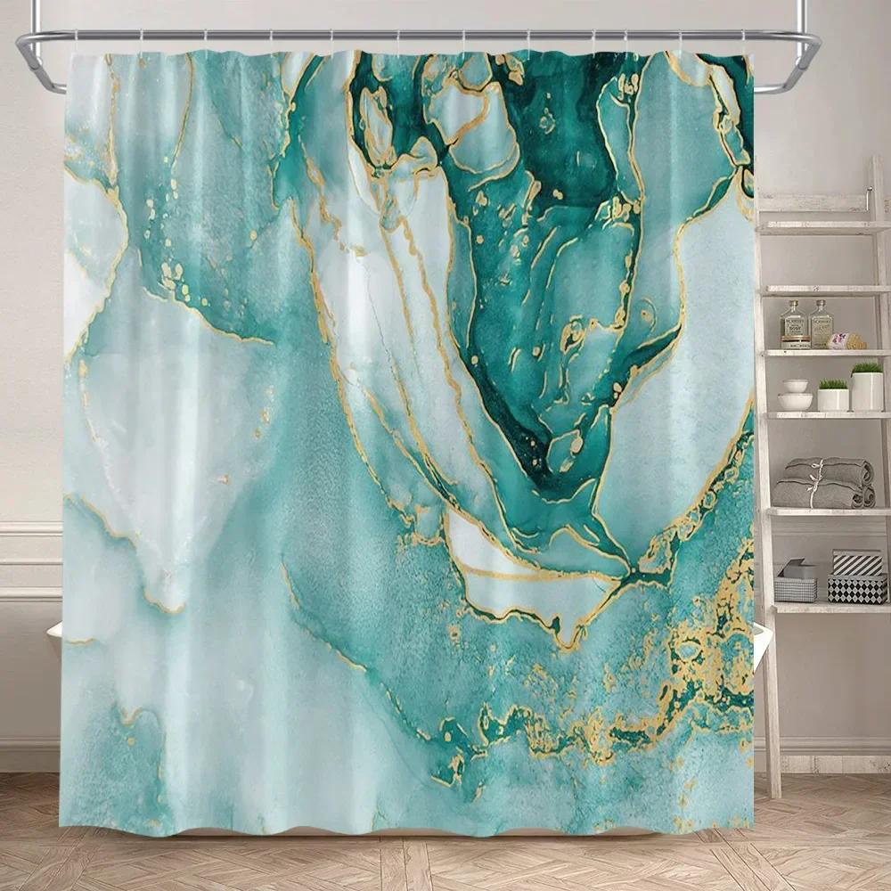 Abstract Pink Marble Shower Curtain Set Gold Textured Modern Geometric Ink Art Bathroom Decor Door Rug Bath Mat Toilet Lid Cover