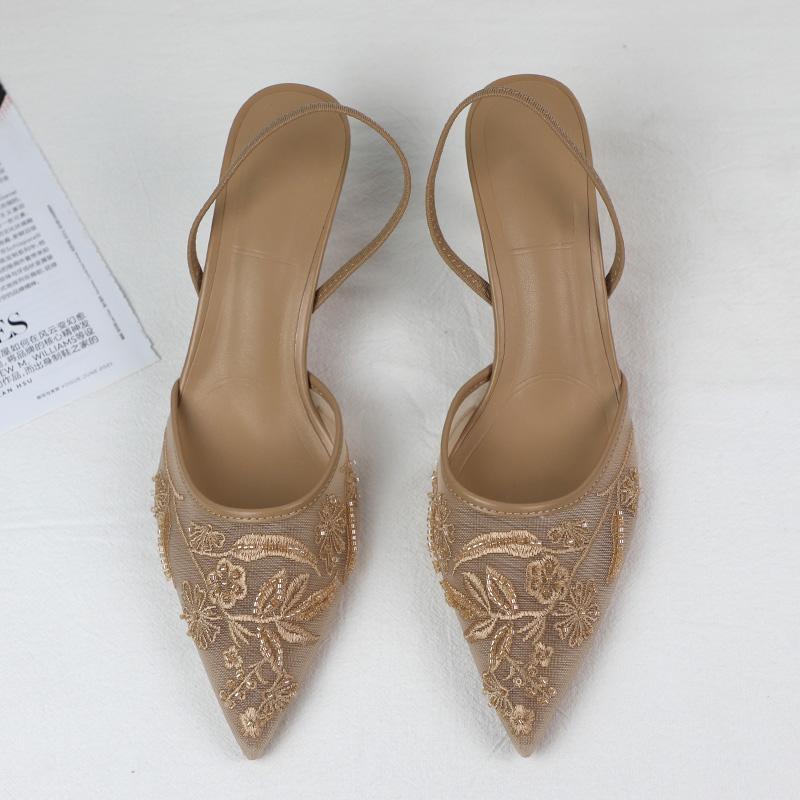 Luxury  High Heels Women Sandals Mesh Embroider Elegant Pointed Ladies Slingback Evening Party Wedding Bridal Dress Shoes
