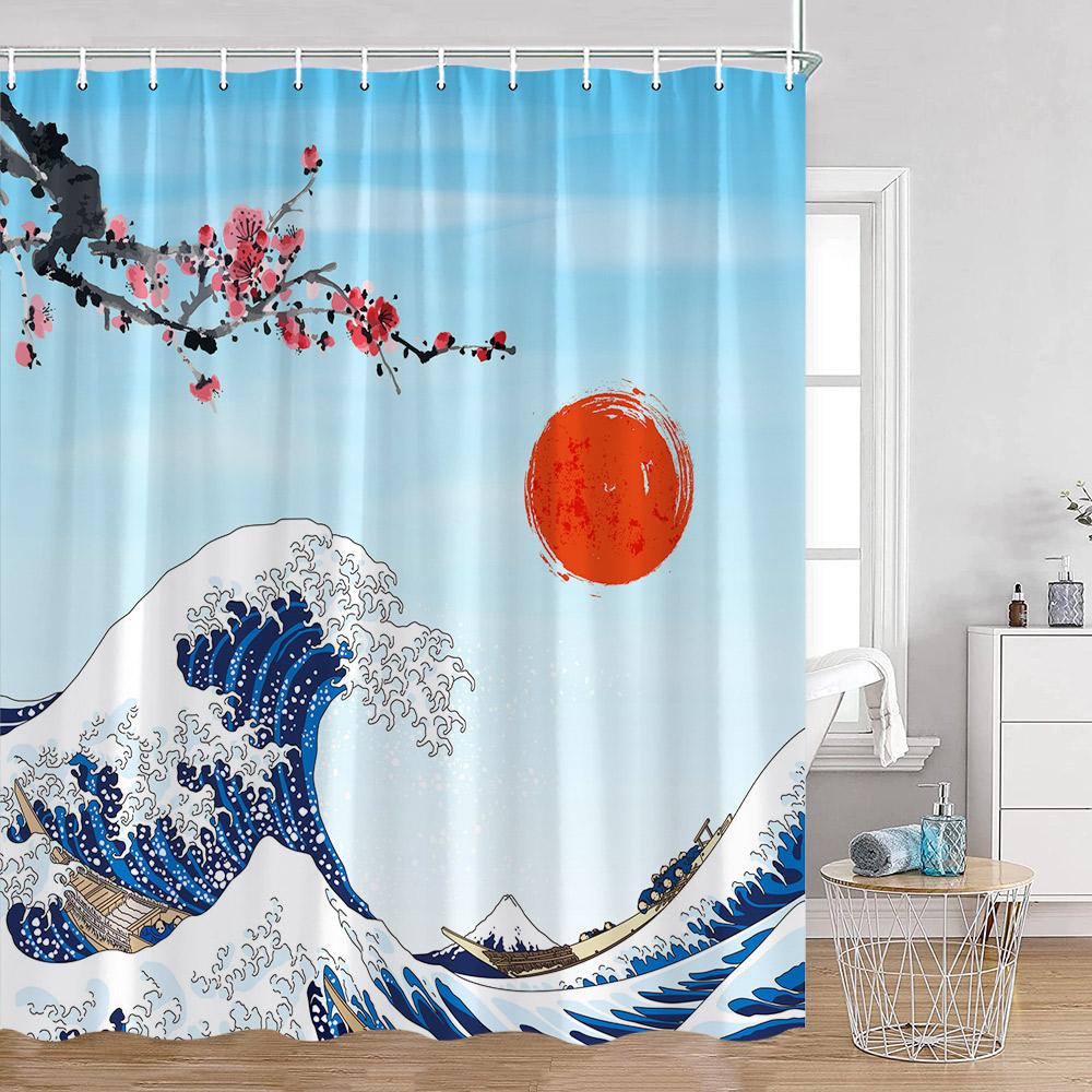 Japanese Style Shower Curtains Fuji Mount Great Waves Bamboo Red Sun Bathroom Curtain Japan Fabric Home Decorations For Bathtub