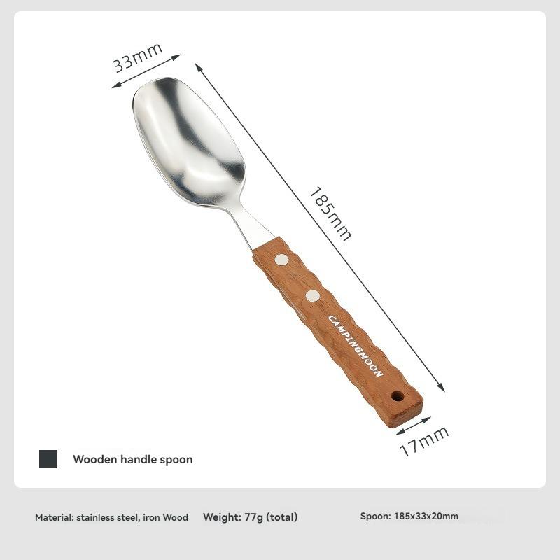 CAMPINGMOON CS-3 Wooden Handle Spoon, Outdoor Camping 304 Stainless Steel Cutlery with Solid Wood Handle, Anti-Scalding Spoon