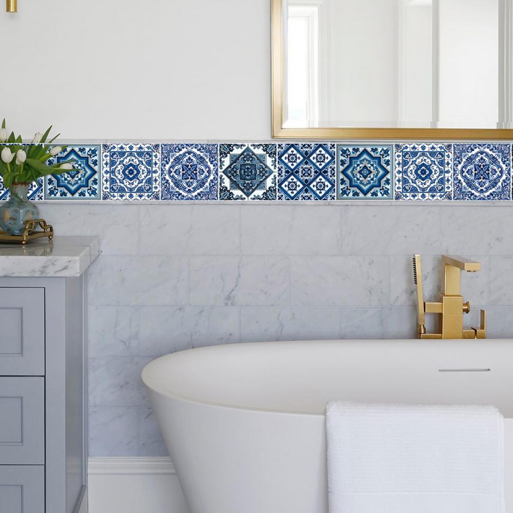 Portuguese Tile Stickers 24pcs Antique Portuguese Design Tile Stickers Self-Adhesive Waterproof Self-Adhesive Vintage Tile Peel