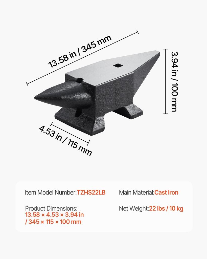 Cast Steel Anvil, 22 Lbs(10kg) Single Horn Anvil with Large Countertop and Stable Base, High Hardness Rugged Round Horn Anvil Blacksmith, for Bending,