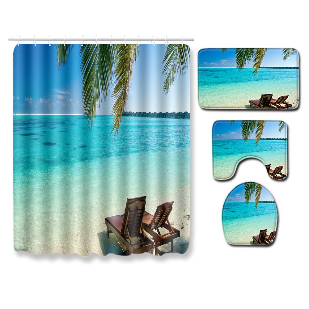 Landscape Shower Curtain Floor Mat Combination Four-Piece Set Bathroom Toilet Carpet Shower Room Mat Foot Mat