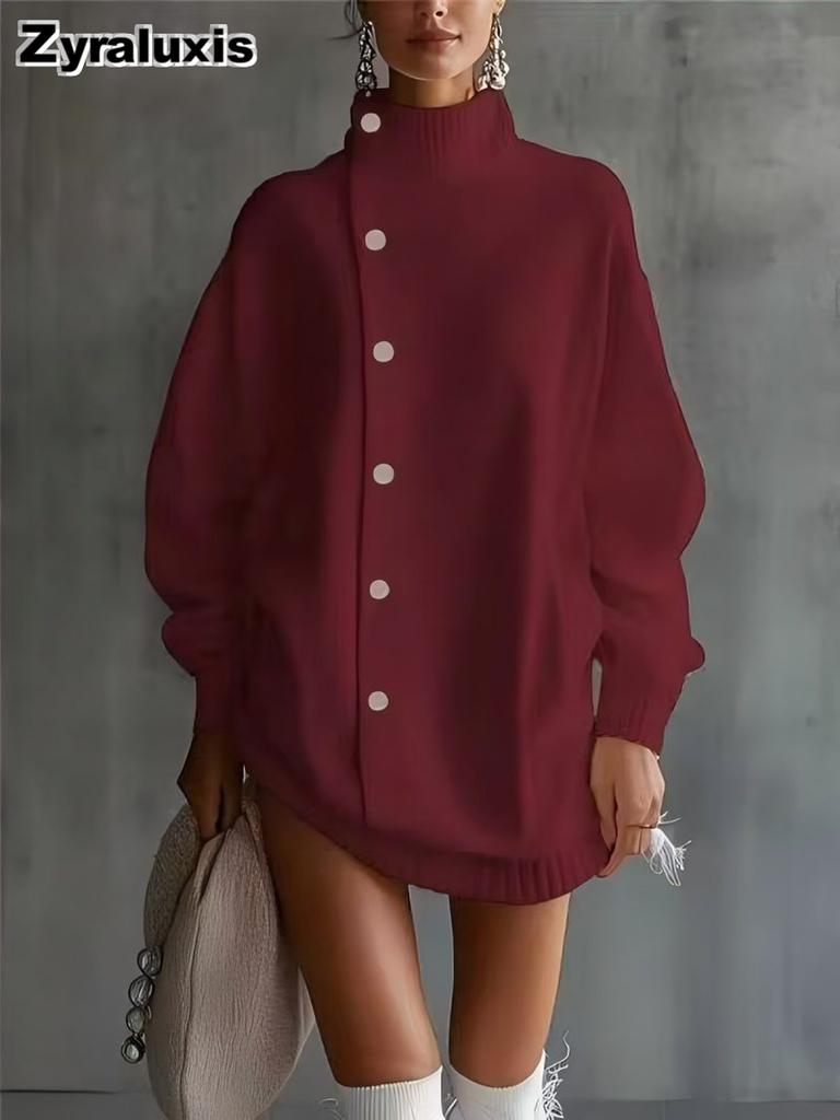 Nouveau Cardigan Long Tricoté à Col Haut pour Femmes Mode Automne Hiver Tendance Réduisant l'Âge Lâche Vêtement d'Extérieur