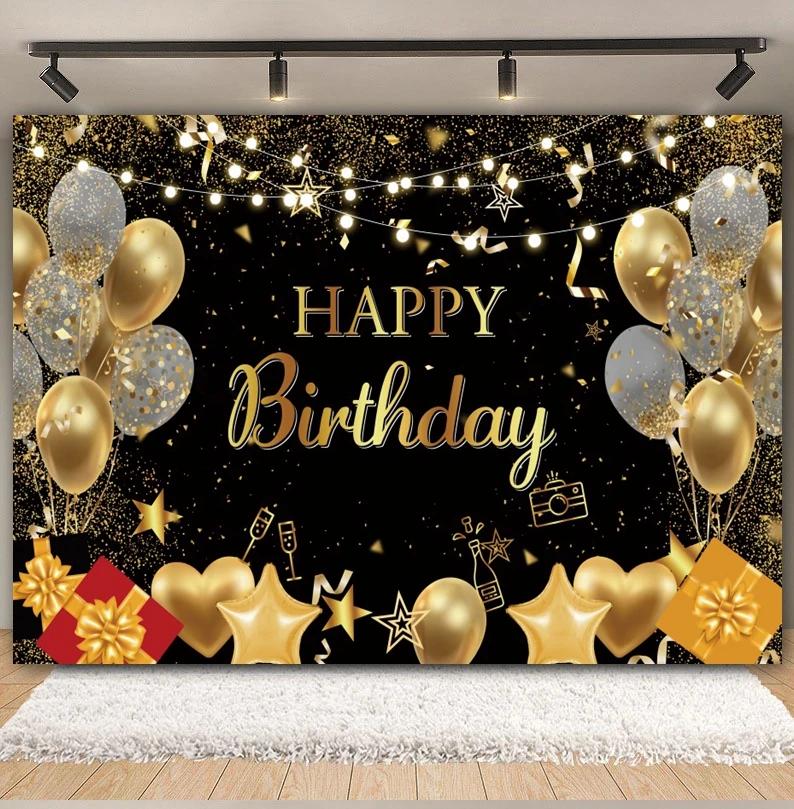 Black Gold Happy Birthday Backdrop Glitters Balloon 18th 30th 40th Adult Anniversary Birthday Party Photography Background Decor11