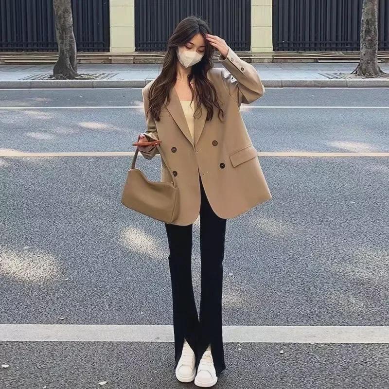 Women's Brown Double-Breasted Loose Suit Jacket - 2024 Autumn Korean High-End Fashion Trend