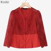 ZANZEA Women Casual V-Neck 3/4 Sleeve Lace Patchwork Slim Blouse