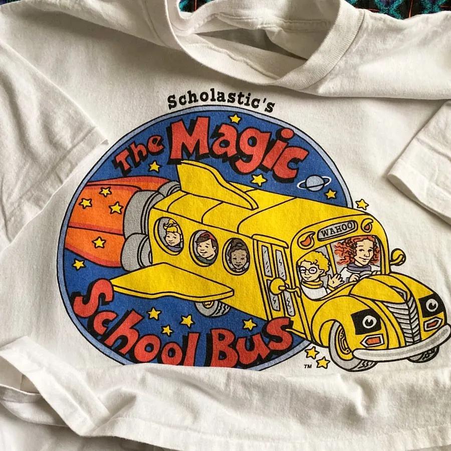 High Quality Rocket School Bus Printing Retro American Animation Cartoon Retro Premium Sense Wearing Bottom Shirt Short Sleeve