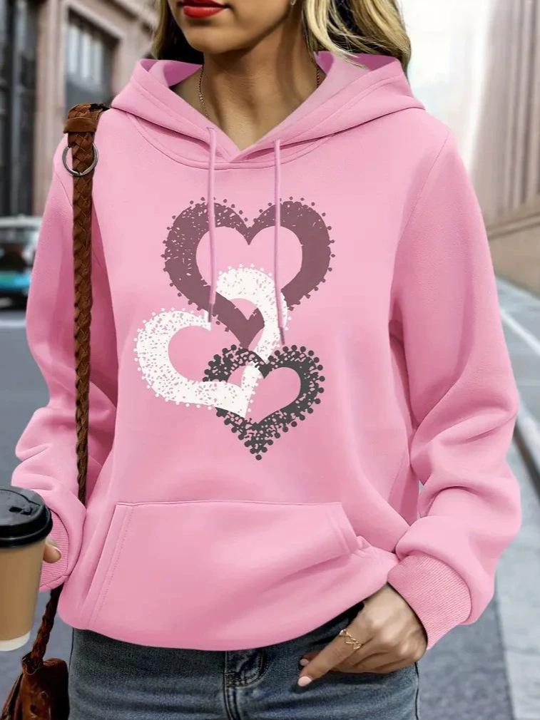 Women's Heart Print Hooded Sweatshirt with Pockets - Comfortable Long Sleeve Casual Wear