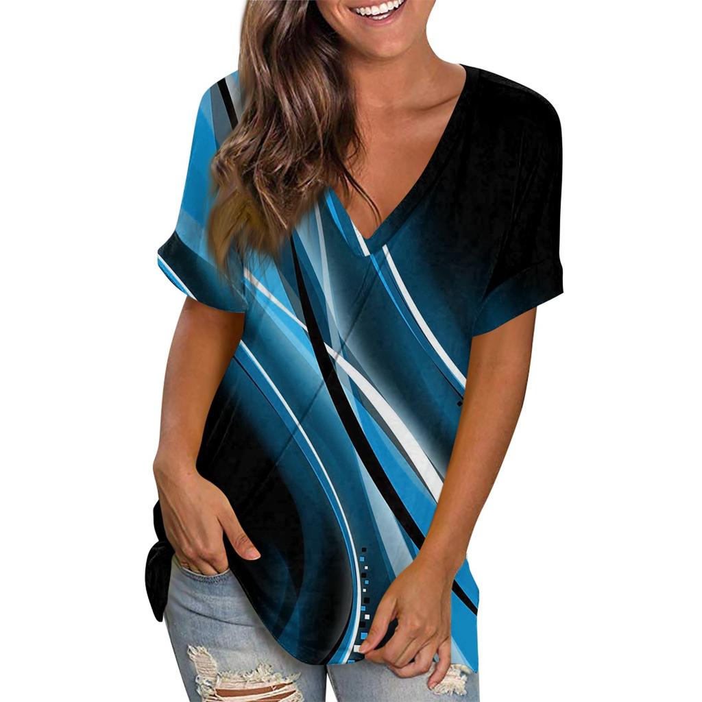 Women's Fashion Casual V-Neck T-Shirt Colour Block Splicing Printed Short Sleeve Loose Top