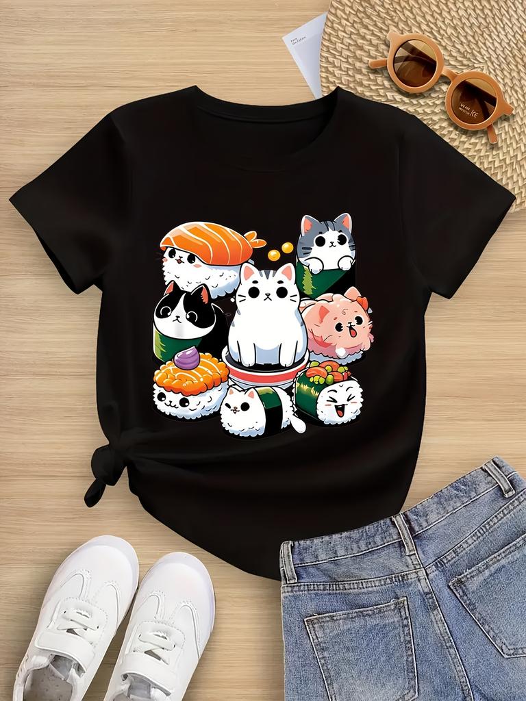 Cute sushi print round neck short-sleeved T-shirt Cute and playful style Suitable for summer outings and daily wear