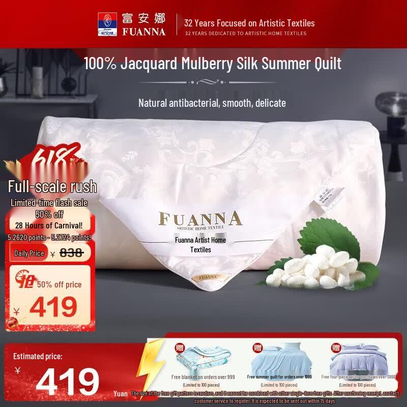 Fuanna 100% Mulberry Silk Summer Quilt Double (203x229cm)