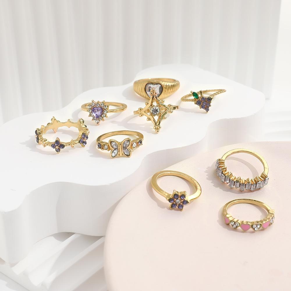 S/Set Tide Pink Love Heart Butterfly Purple Drill Grapes Flower Geometry Rings Sets For Women Originality Ring Party Jewelry