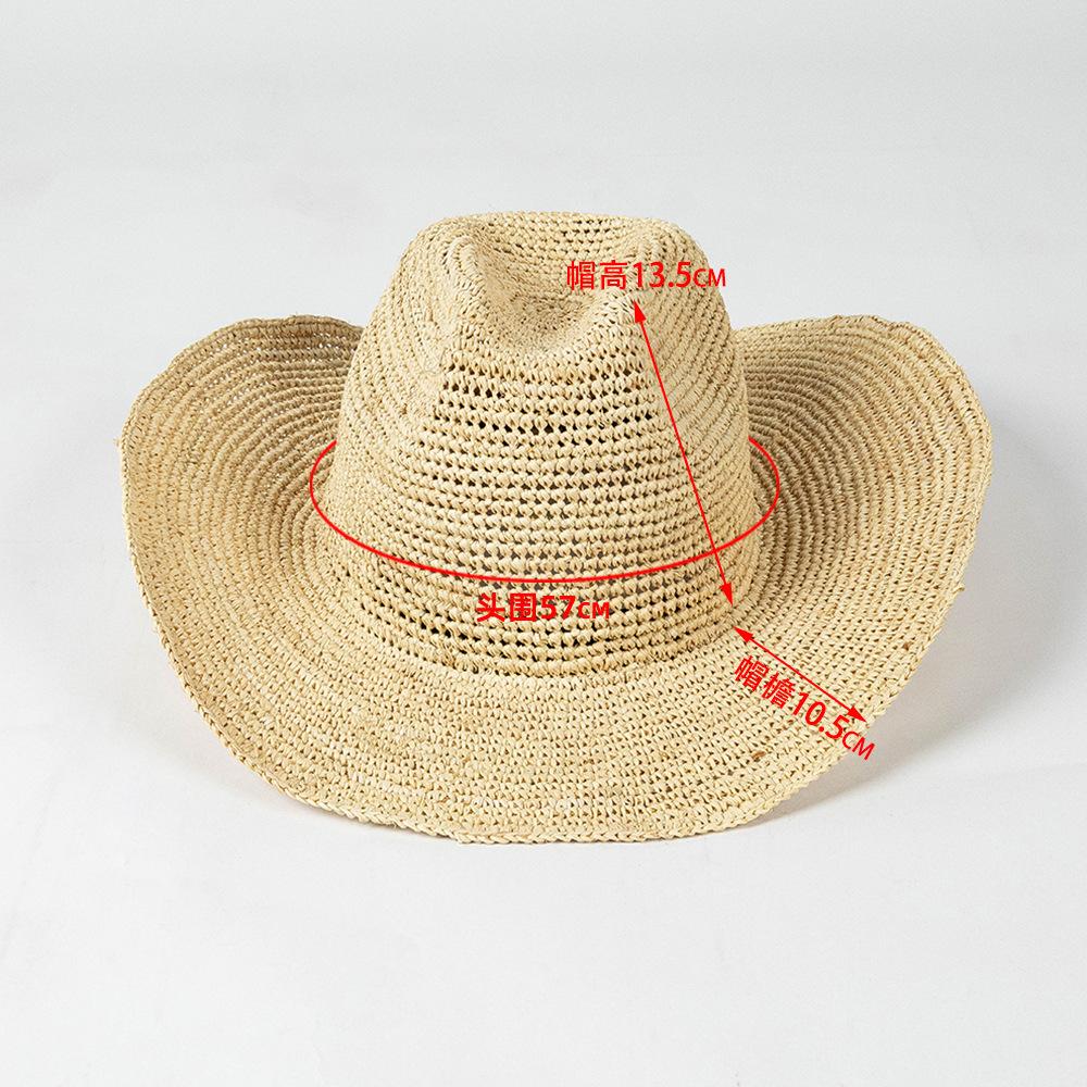 New Spring Summer Fashion Casual Simple Crochet Raffia Cowboy Hat with Curled Brim Outdoor Sun Protection Straw Hat