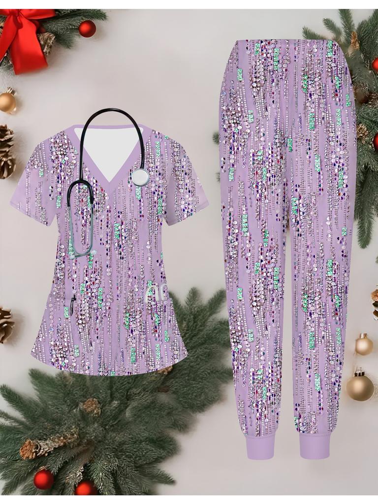 3D Printed Women's Nurse Uniform Set Short Sleeve Long Pants with Pocket Casual Fashionable Christmas Gift