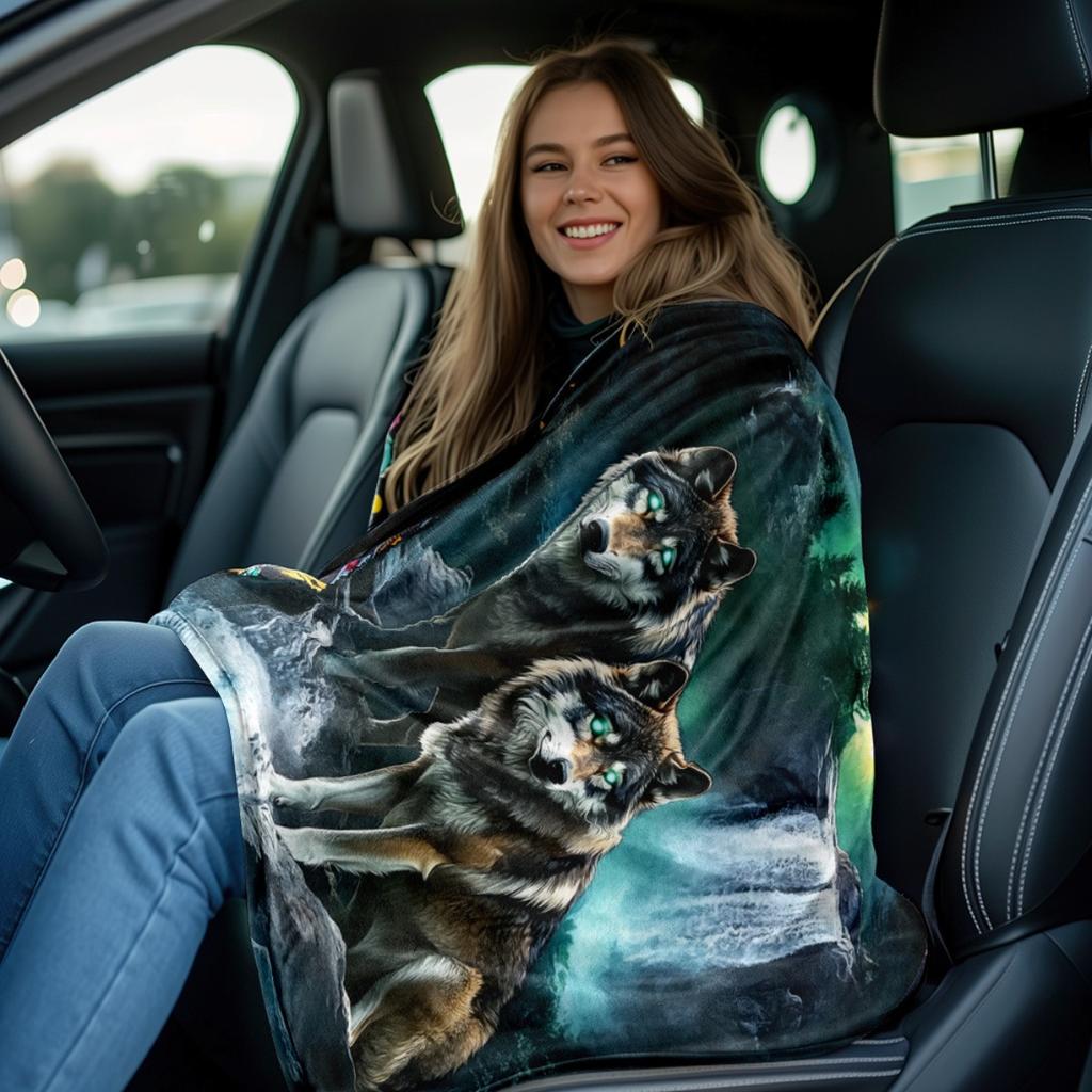 1pc Wolves in Moonlit Forest Blanket - Lightweight Flannel All-Season Soft & Warm Throw, Mystical Waterfall & Full Moon Digital Print for So